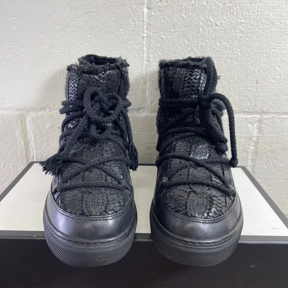INUIKII Black Leather Ankle Patchwork Boots Lace up Women's Size‎ 9.5 US/40 EU